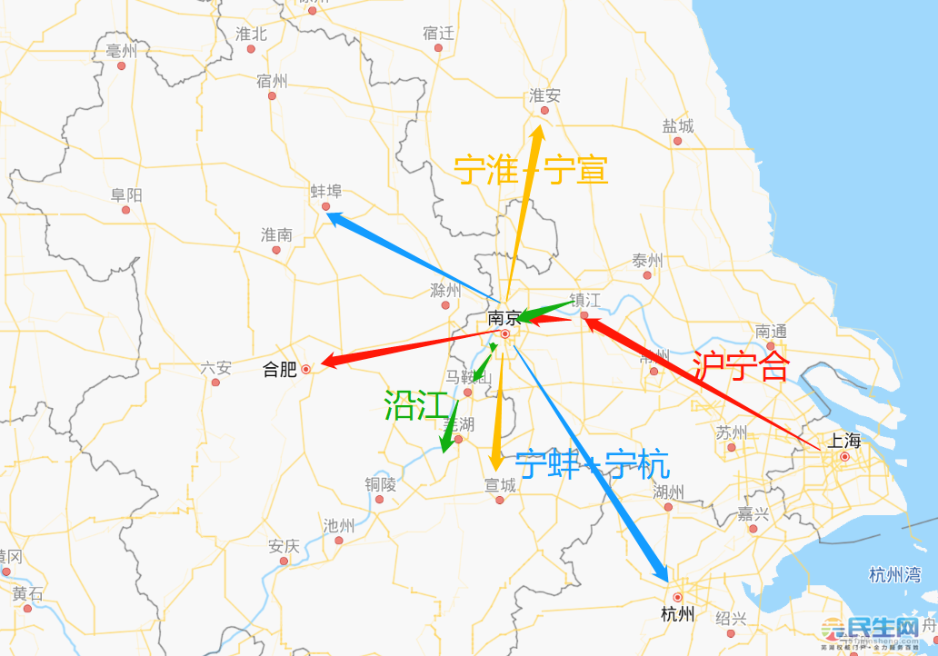 依托淮扬镇宣,合蚌淮盐,合芜宣杭等通道,形成都市圈外环